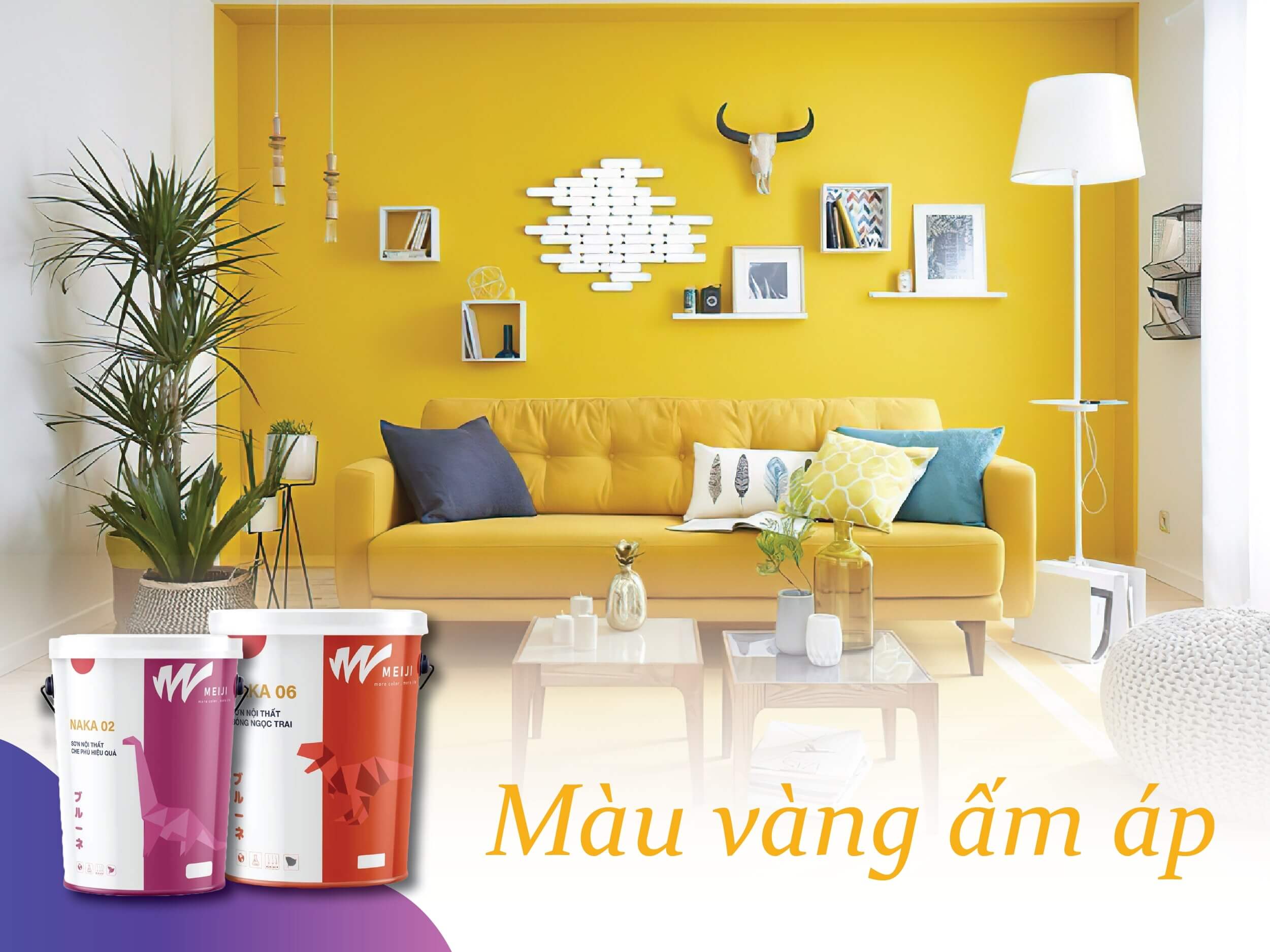 sơn Meiji - Cách phối màu cho phòng khách, màu vàng ấm áp