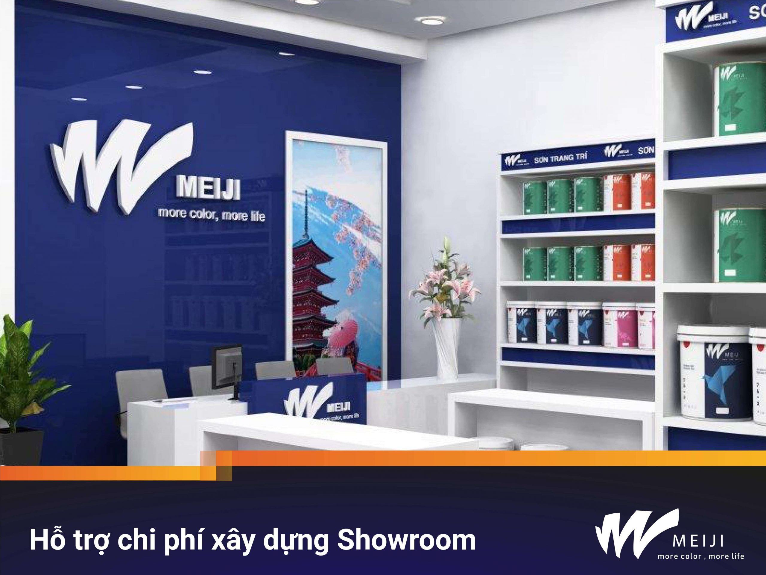 hỗ trợ chi phí xây dựng showroom khi phân phối sơn meiji