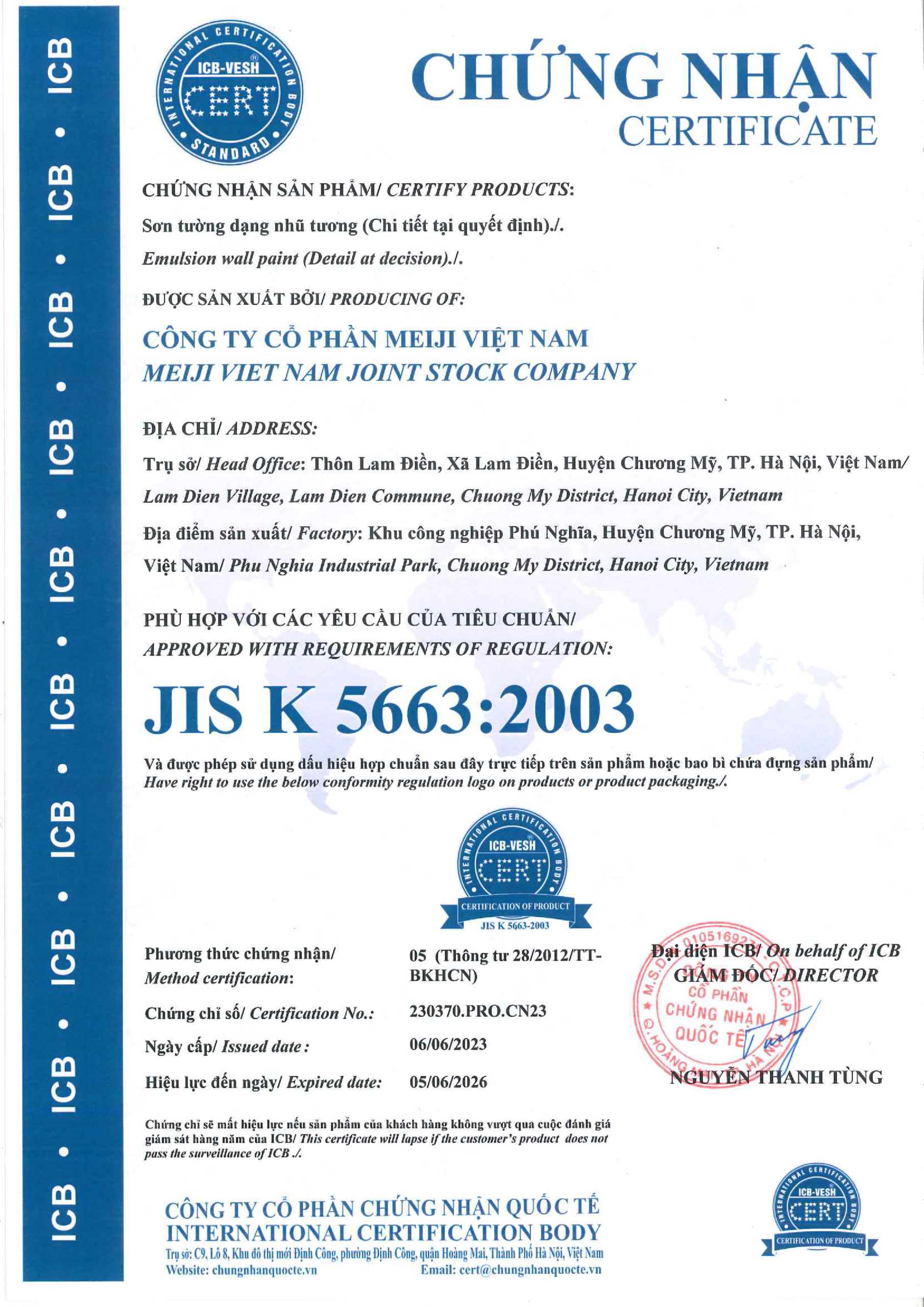 giấy chứng nhận JIS K 5663:2003