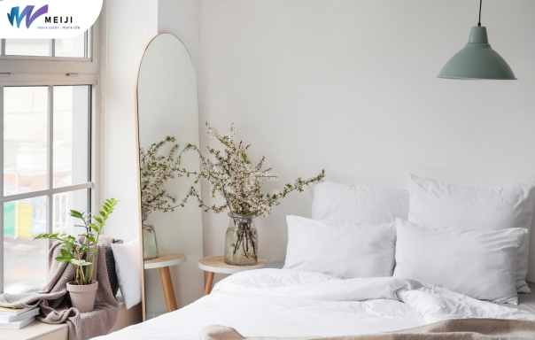Sơn màu trắng ở phòng ngủ kết hợp với cây
